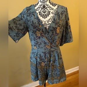 Floral Patterned Yellow and Blue Romper